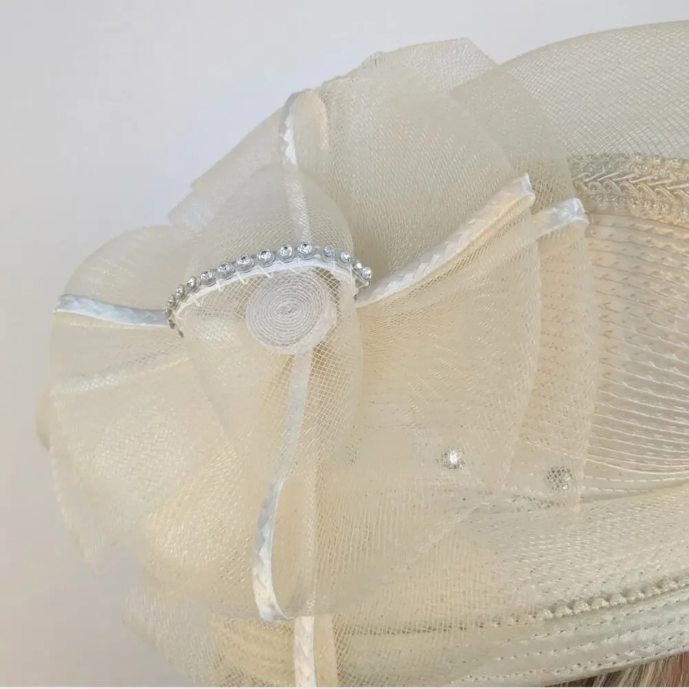 VTG 50s Fascinator Hat MCM Ivory Upsweep Woven Rhinestone Pearl Church Derby